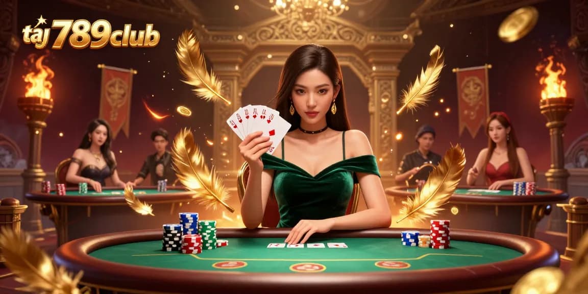 Enjoy gaming at tại 789club with an elegant woman playing poker amidst vibrant casino elements.