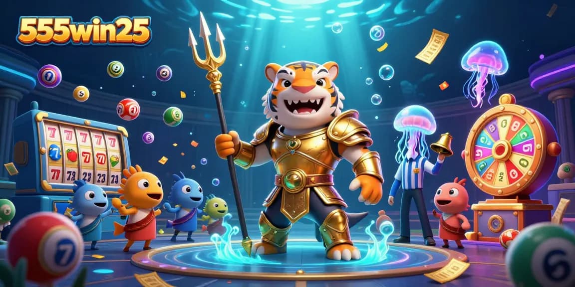 Experience the thrill of 555win25 with a dynamic underwater casino scene featuring colorful lottery elements.