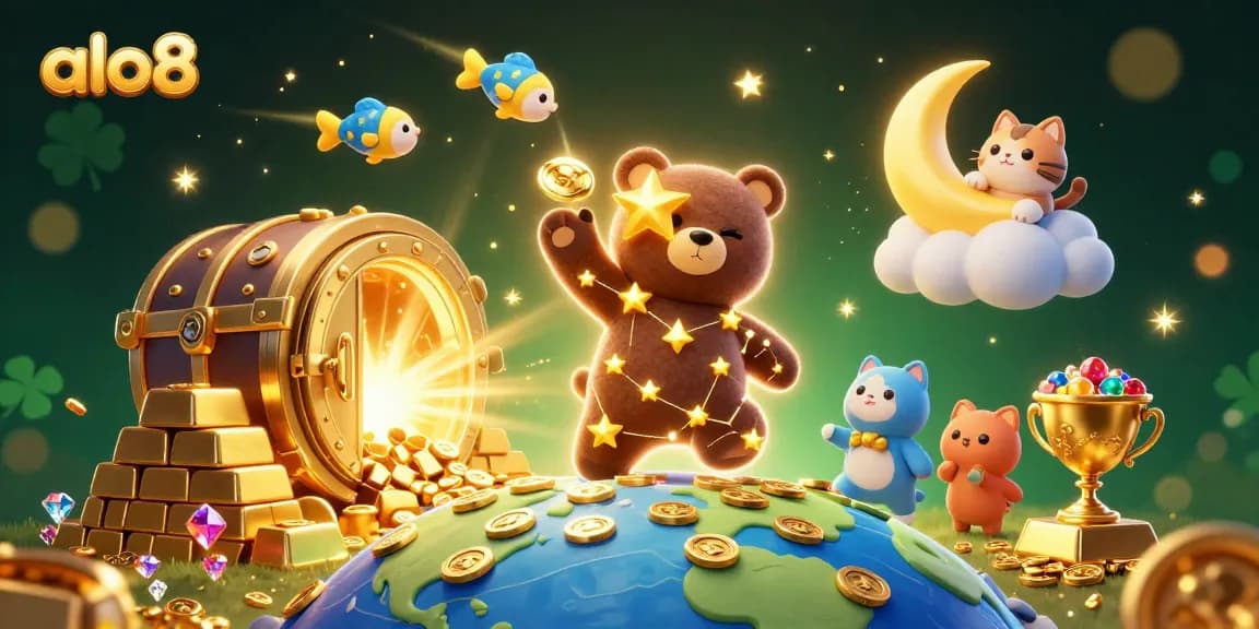 Alo8 brings excitement as a constellation bear scoops coins amidst golden treasures in a vibrant gaming atmosphere.