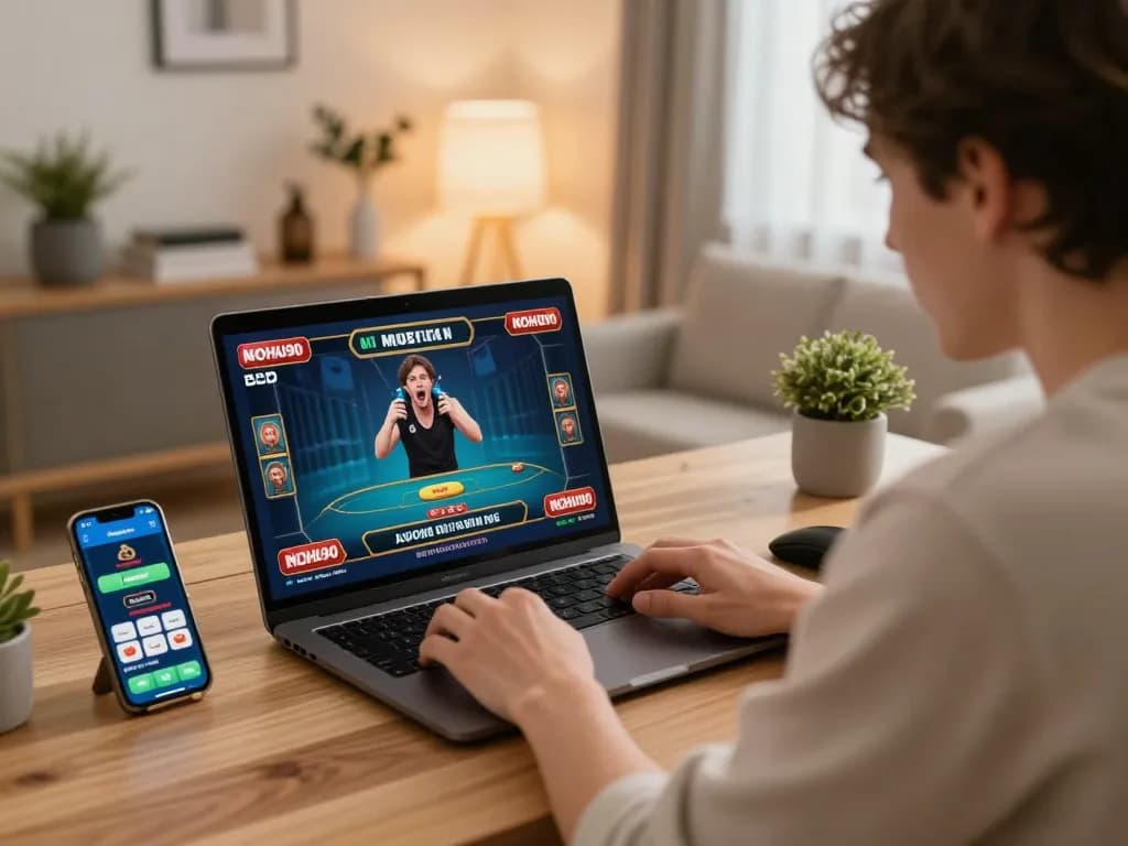Person engaged in NOHU90 online gaming with laptop and casino app on smartphone.