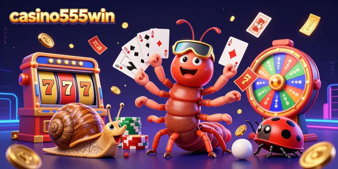 Experience the excitement of casino555win with a vibrant 3D illustration of a millipede dealer and high-rollers.