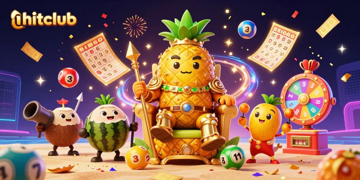 Experience hitclub's vibrant casino atmosphere with a golden pineapple king and lottery elements.