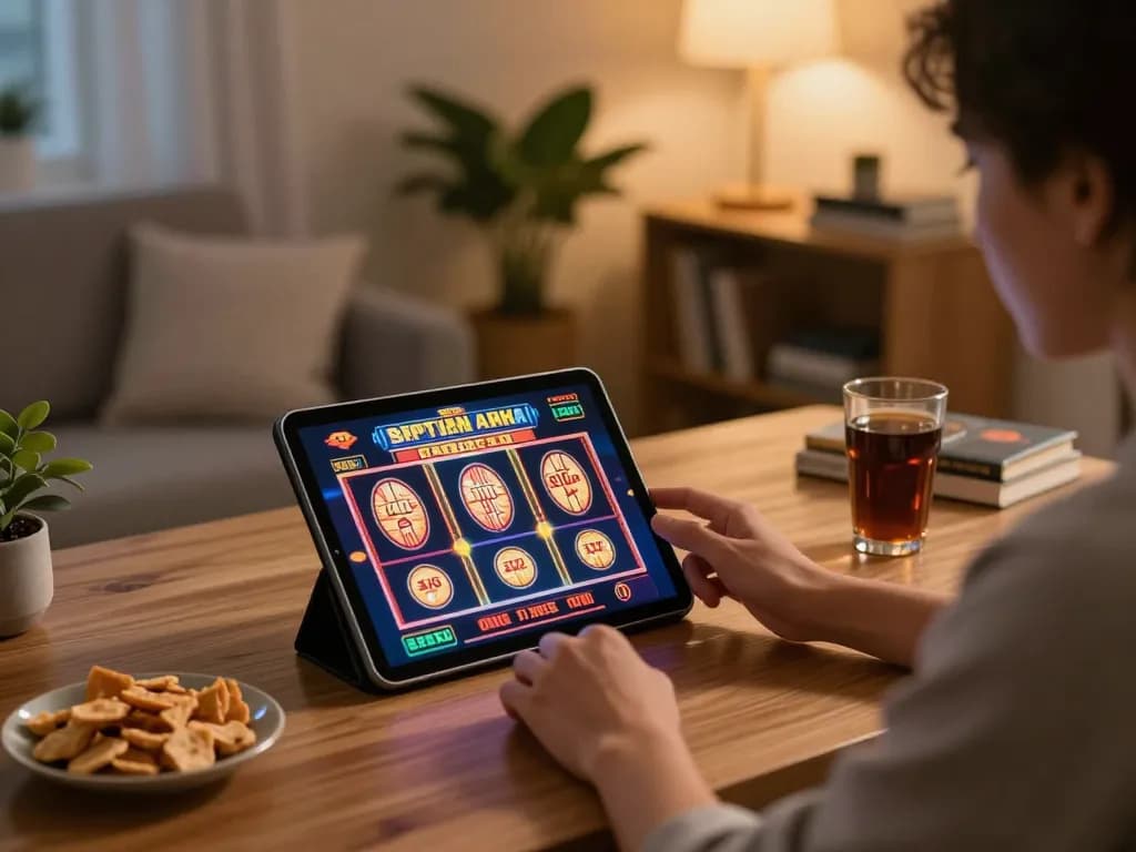 open88 player engaging in online slots on tablet at home with cozy atmosphere