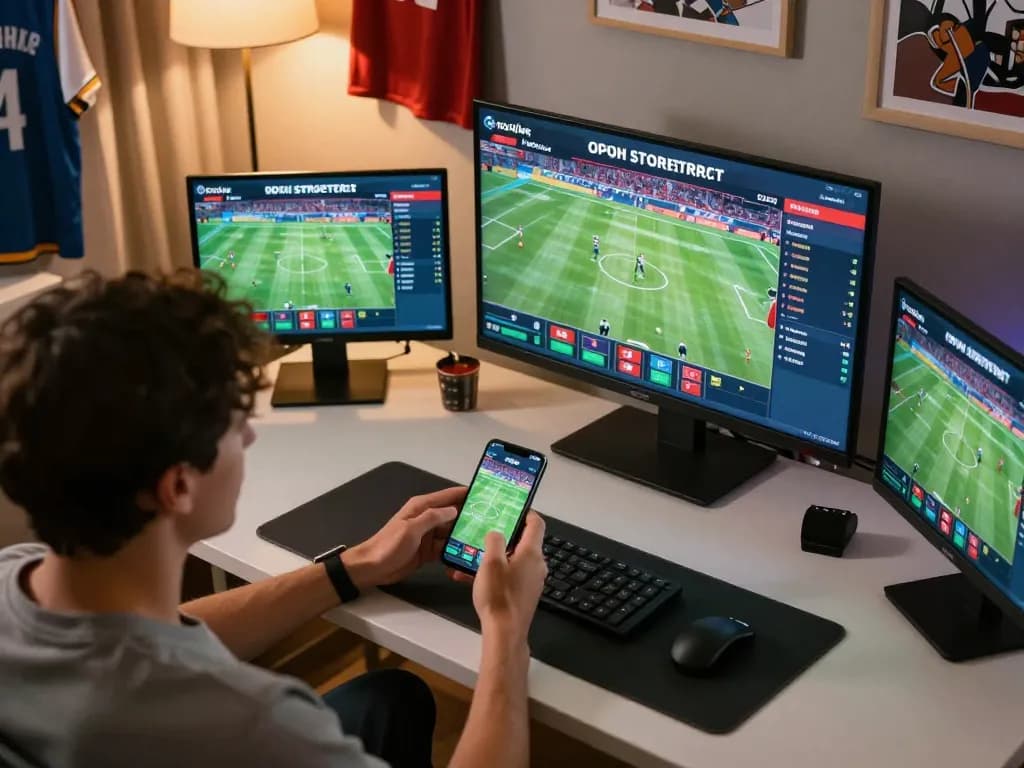 Engaging in live sports betting on socolive while analyzing real-time odds on multiple screens.