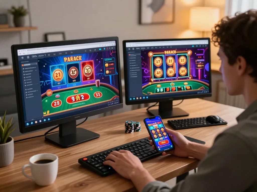 Engaging in online gaming at tg88, showcasing interactive poker and slot games on screen.