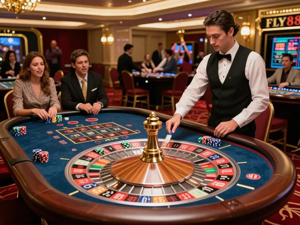 Players engage in thrilling roulette gameplay at FLY88 casino, showcasing vibrant betting chips and an attentive croupier