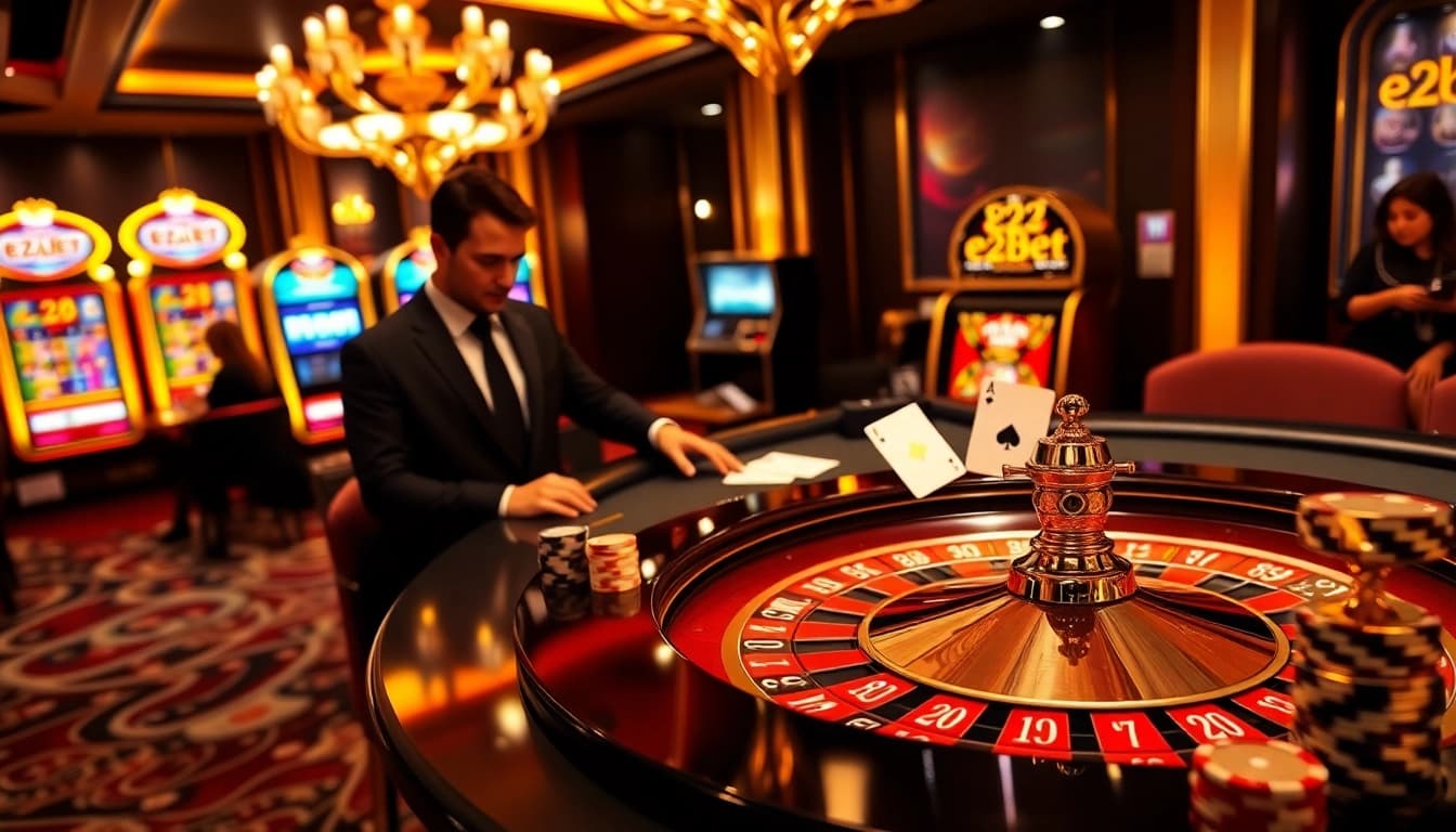 Experience the excitement of e2bet with an elegant casino scene featuring roulette and poker chips.
