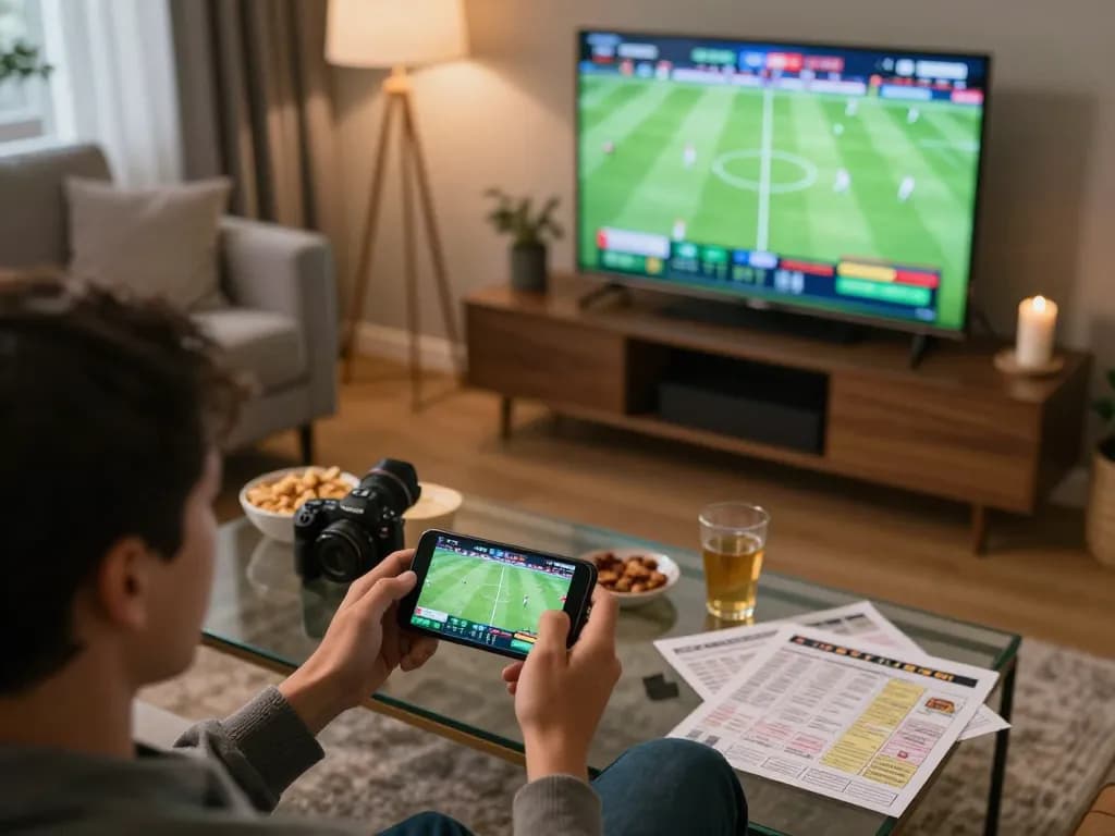 Place live bets on JUN88 sports app while watching football, creating an engaging home gaming scene.