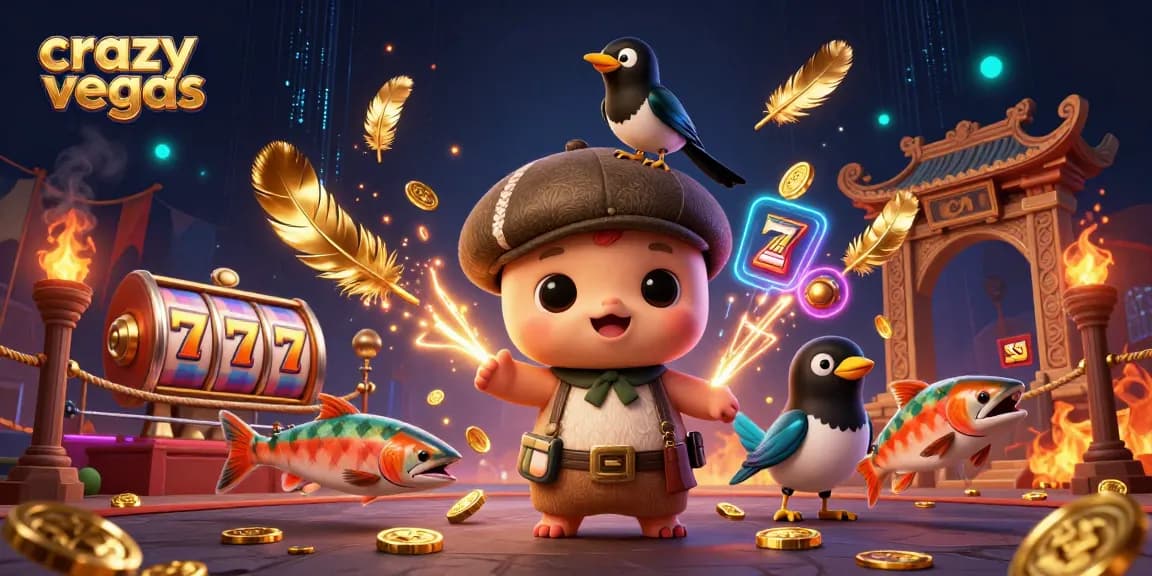 Experience the excitement of crazyvegas with playful Nessie, a magpie, and festive salmon amid vibrant slot elements.