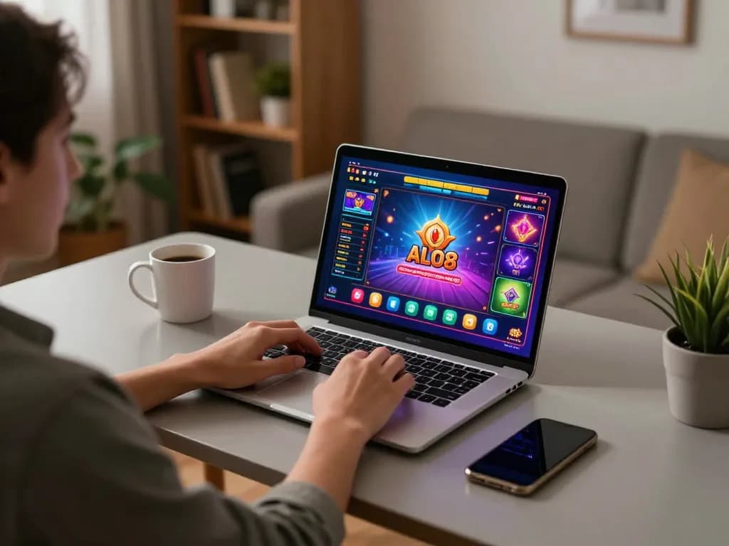 Player engaging with ALO8 casino games on laptop in a cozy home environment