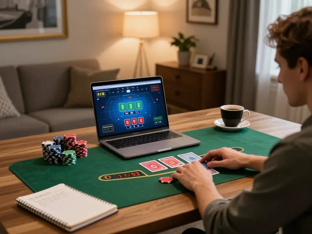 Engaging with five88 online blackjack game at home, showcasing strategy notes and gaming setup.
