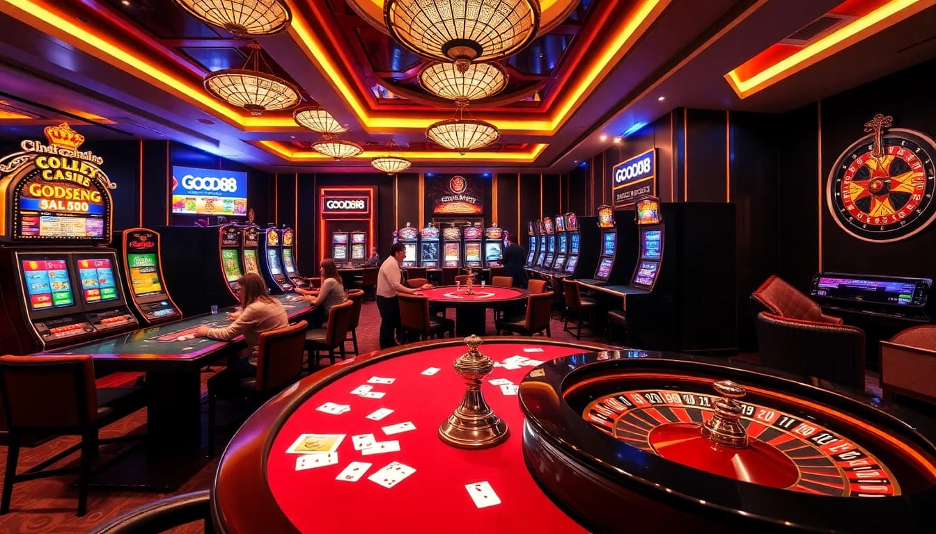 Exciting gameplay at Good88 casino with vibrant poker tables and flashing slot machines.
