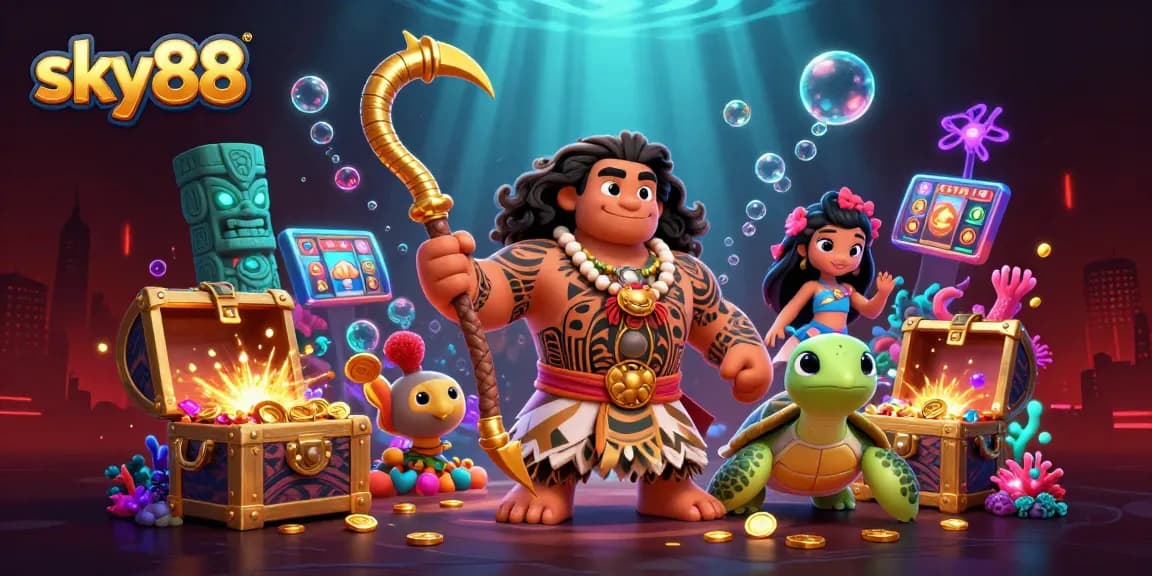 Win big at sky88 with a golden fish hook and treasure-loaded slots in an underwater casino scene.