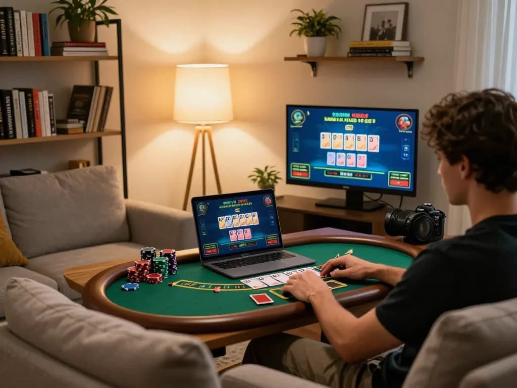 Engaging player using laptop for live dealer game at nhà cái uy tín, showcasing responsible gaming.