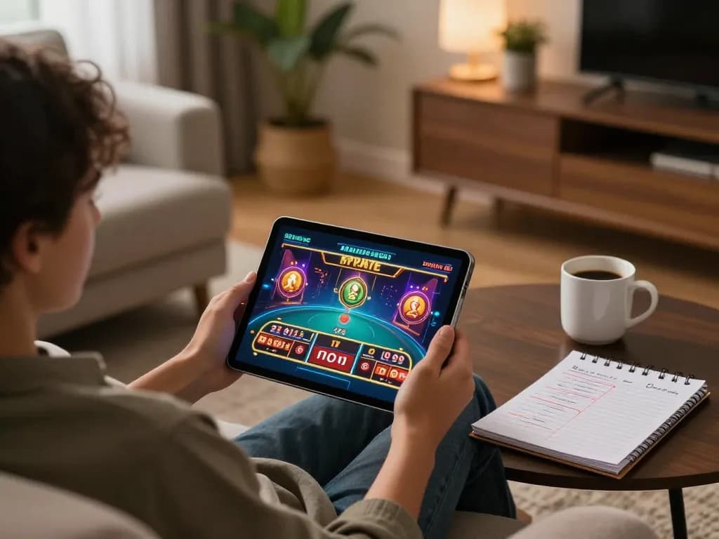 Engaging in online casino gameplay on NK88 tablet with a cozy atmosphere for relaxed gambling.