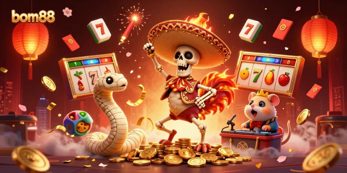 Experience thrilling victory with bom88, featuring an animated victory dance and colorful casino elements.