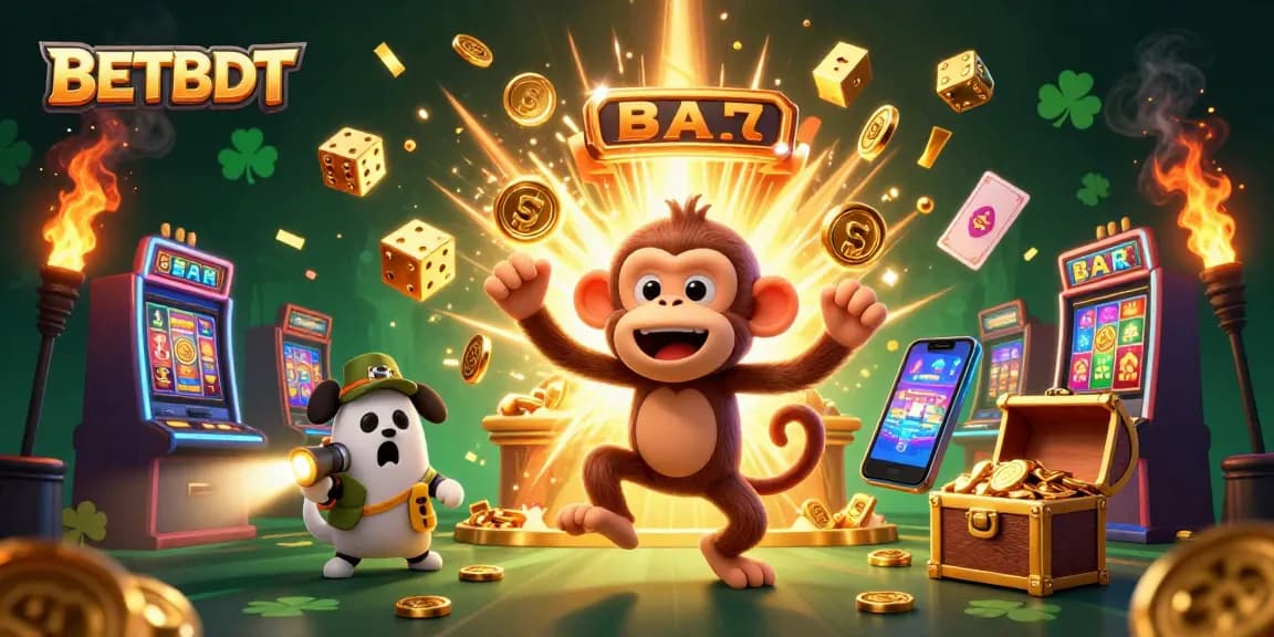 BetBDT's exciting casino scene showcases a poltergeist monkey and a ghost-hunter puppy juggling golden coins and dice.