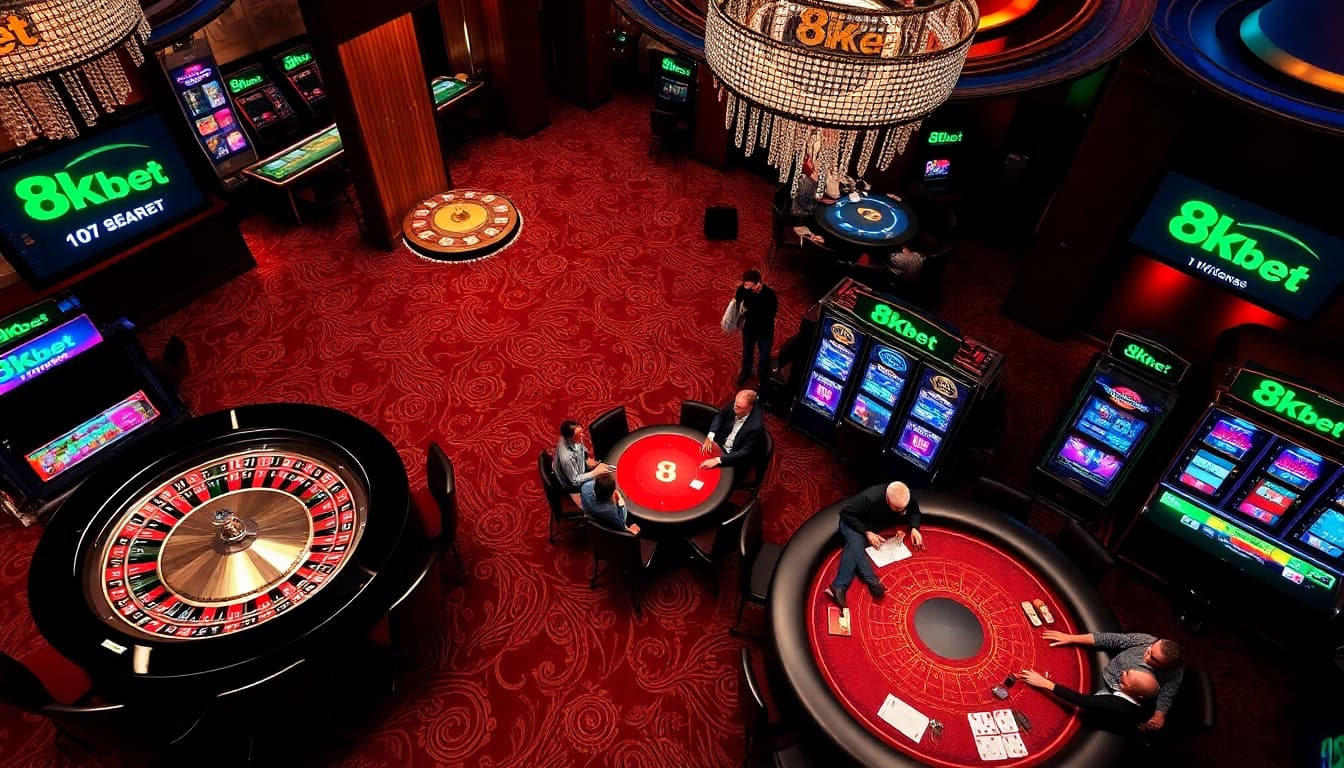 Engaging players at 8kbet casino tables with vibrant roulette and poker games.