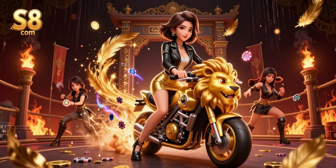 Experience thrilling wins with S8 com as a glamorous character rides a golden lion mascot in the dynamic casino scene.