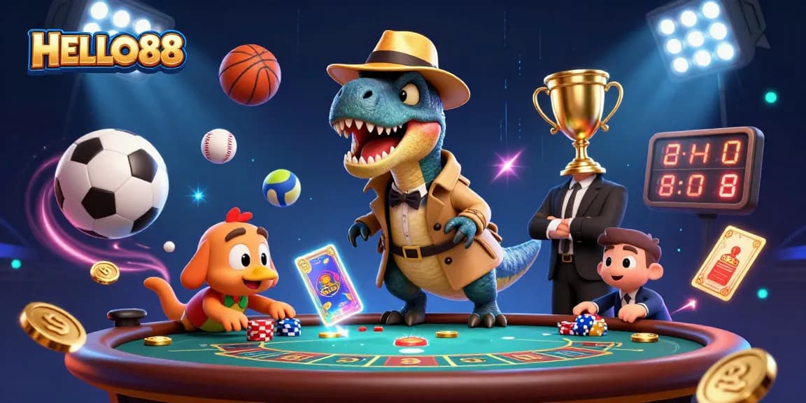 Visualize HELLO88's engaging casino experience with cartoon characters in a dynamic gaming scene.