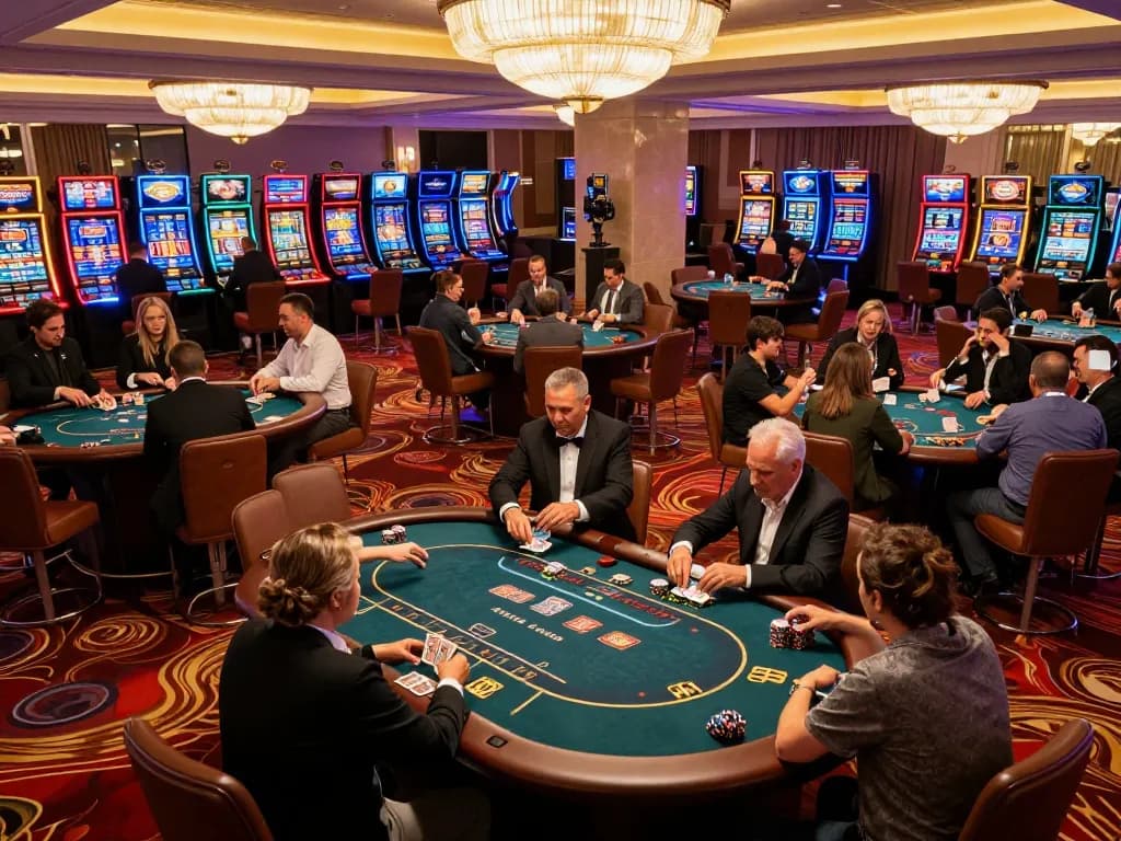 Players strategizing at the nk88 casino poker table amidst vibrant lights and activity