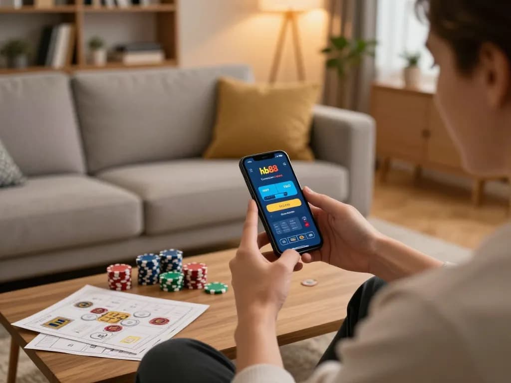 Player enjoying hb88 mobile app in a cozy living room for online gaming