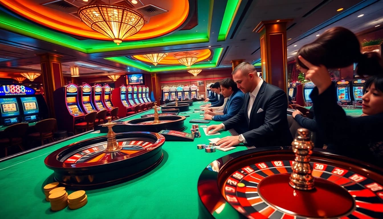 Players engaging with u888 casino games, showcasing excitement and luxury at the gambling tables.