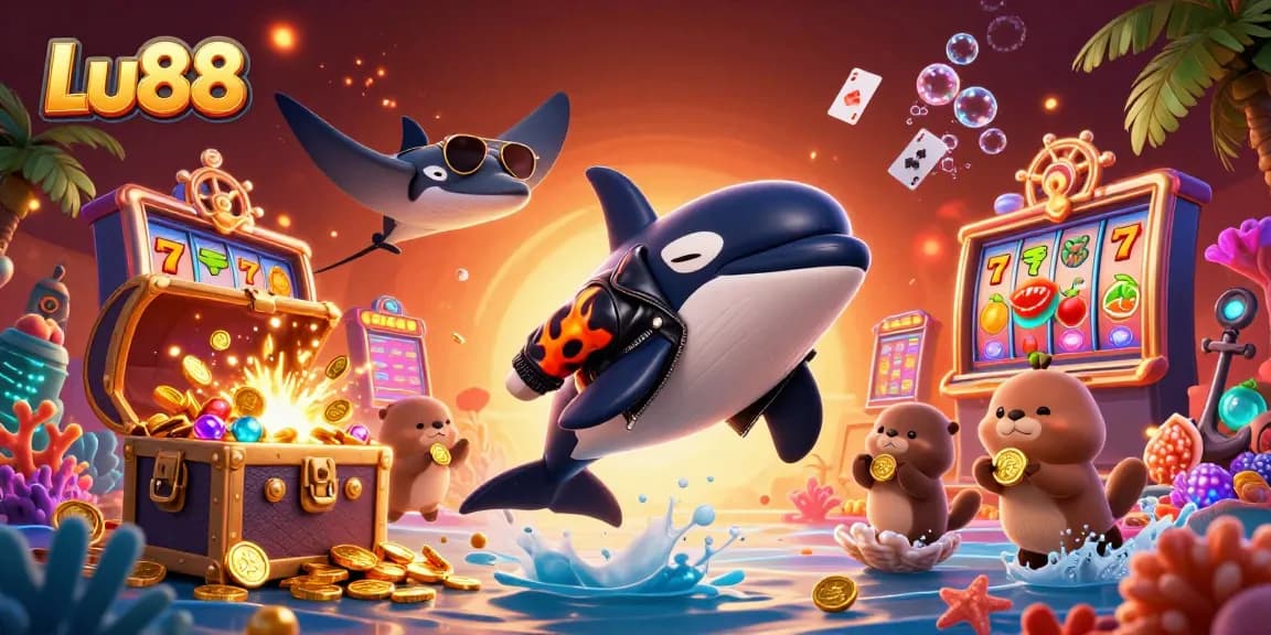 Lu88 engages players with vibrant casino-themed 3D illustration showcasing a fun whale and otters.