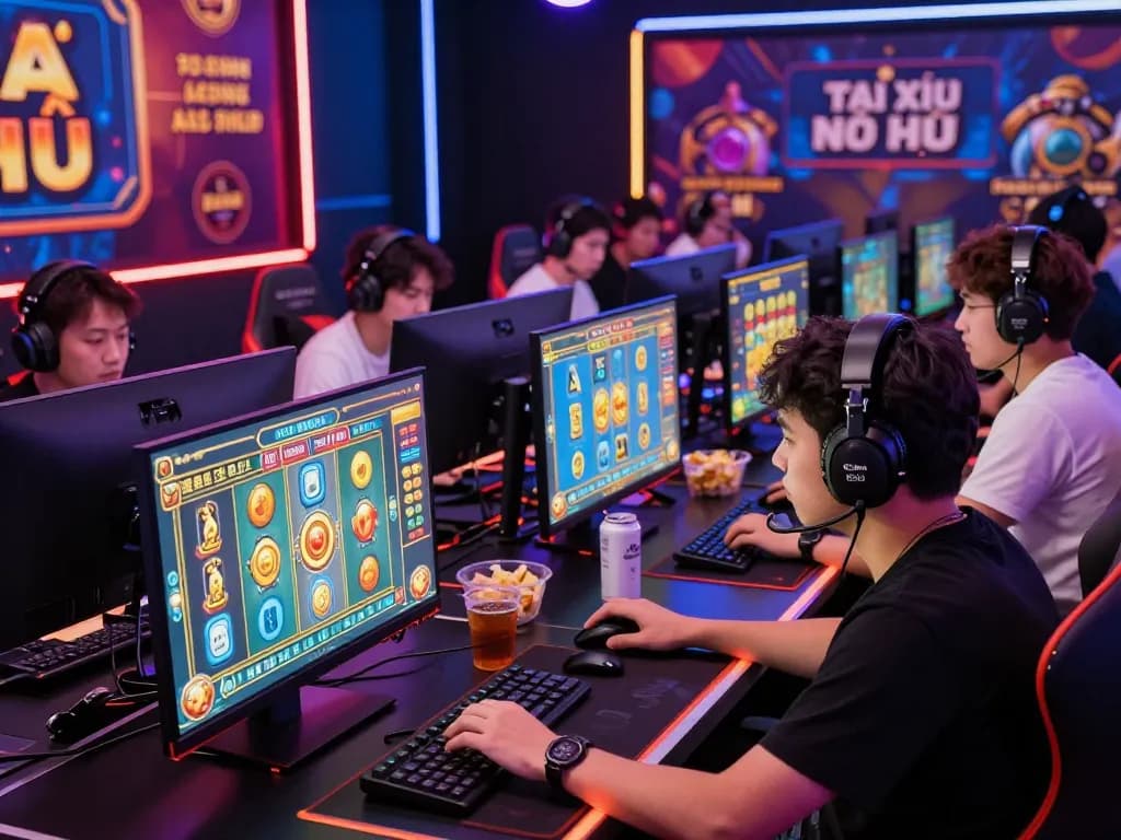 Players immersed in Tài Xỉu Nổ Hũ gaming at https://max79.guru/, showcasing colorful graphics and energetic atmosphere.