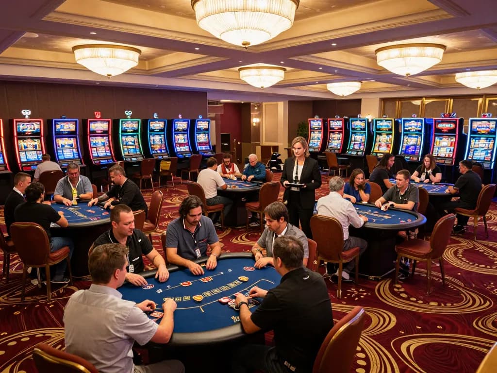 Players enjoy thrilling games at 78win's luxurious casino floor, showcasing strategic poker gameplay.
