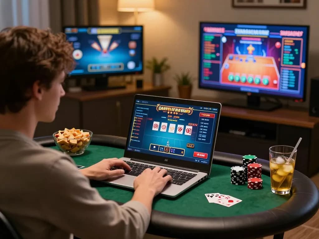 Engaging online gambling session showcasing giải mã số học strategies with poker gameplay on a laptop.