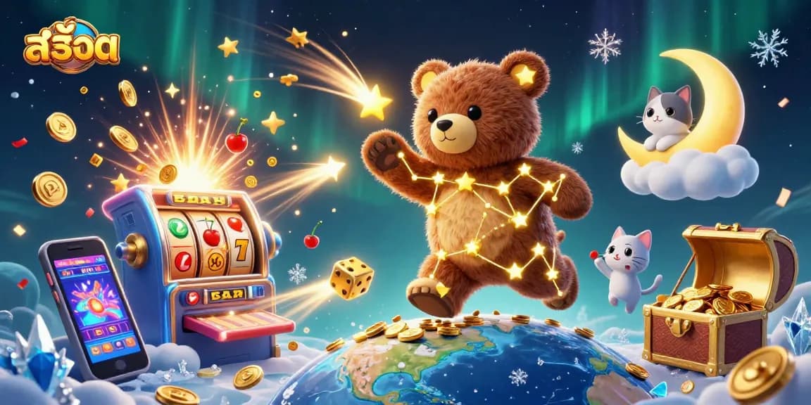 Engage with สล็อต as the cartoon constellation bear scoops up coins beneath a vivid casino sky.