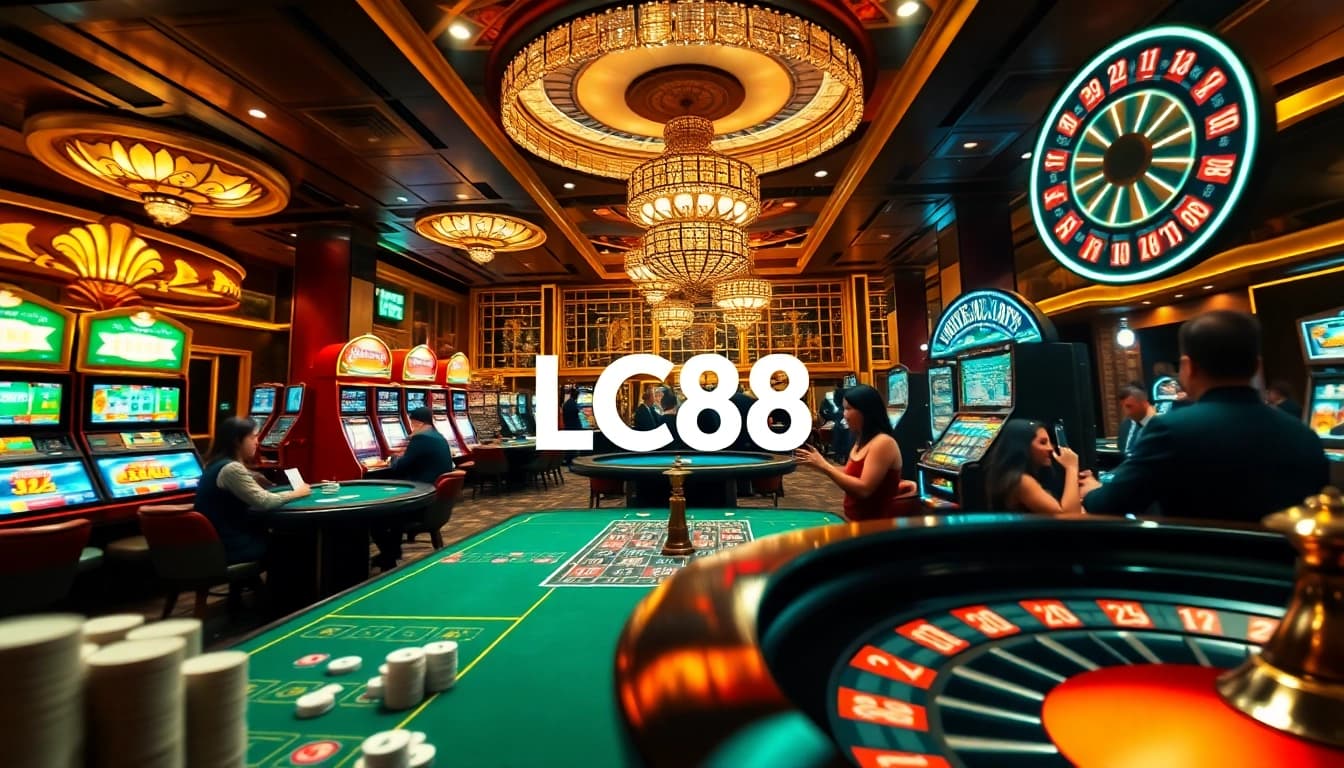 Exciting poker table action featuring players and the LC88 logo in a luxurious casino setting.