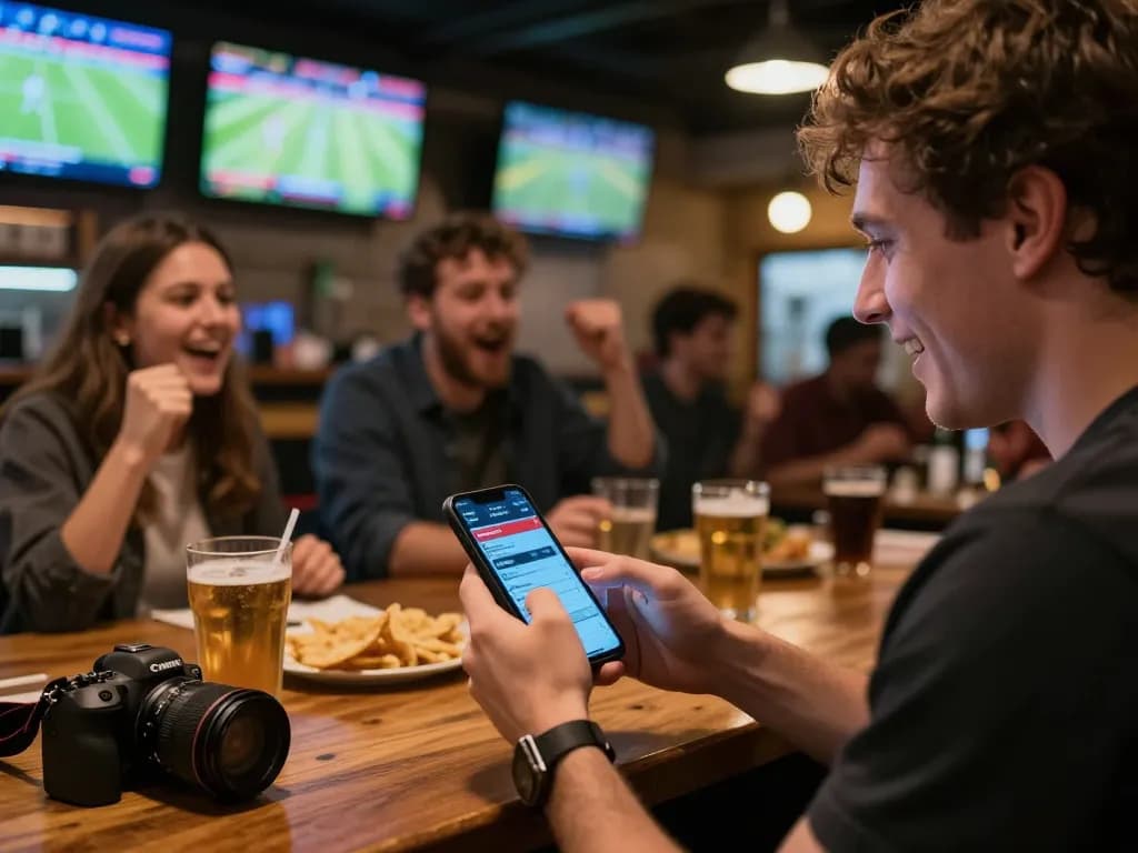 Betting on sports using a smartphone at 78win's app in a lively sports bar atmosphere.