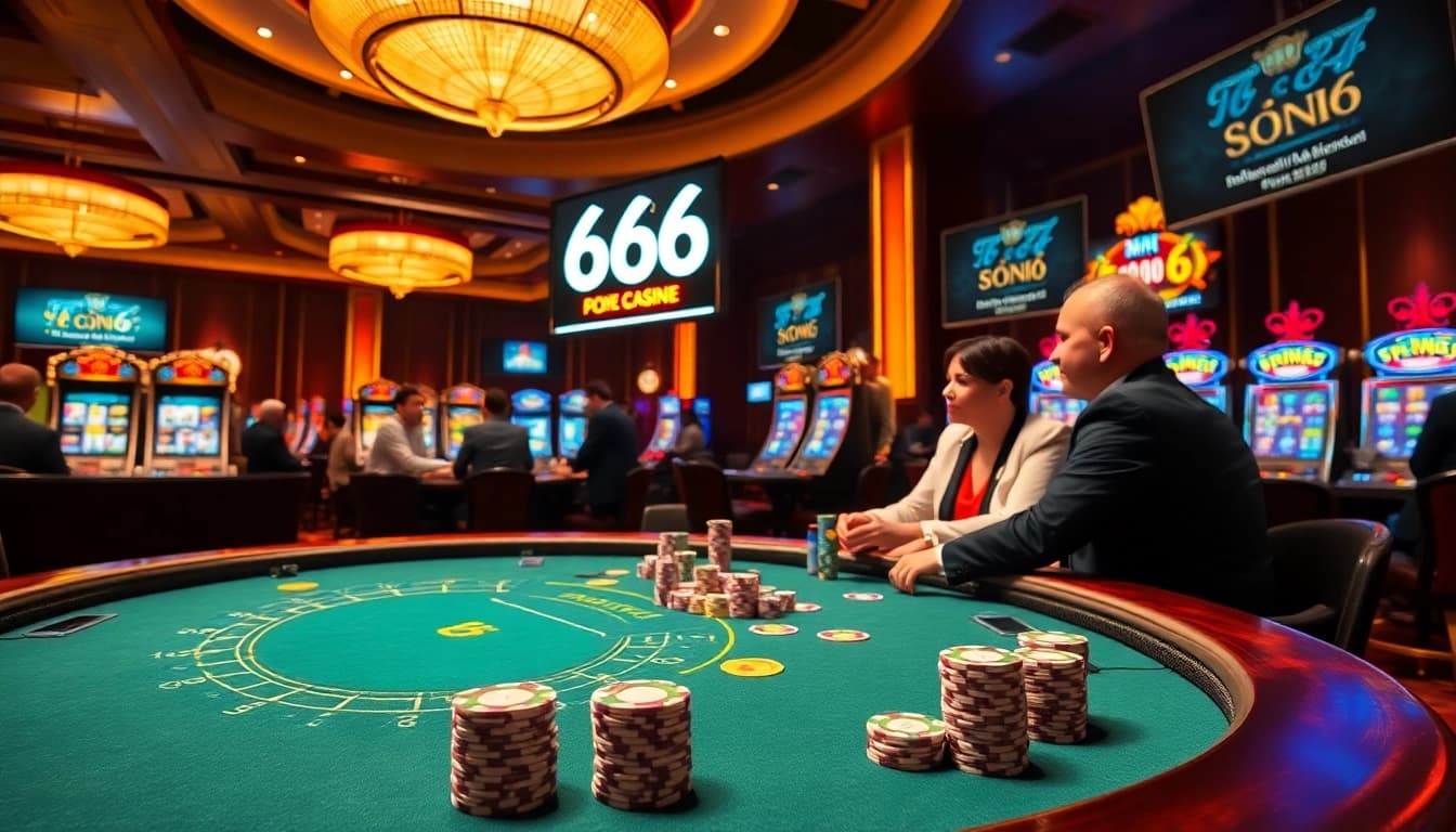 S666 casino scene featuring a vibrant poker table with excited players placing bets on a luxurious casino floor.