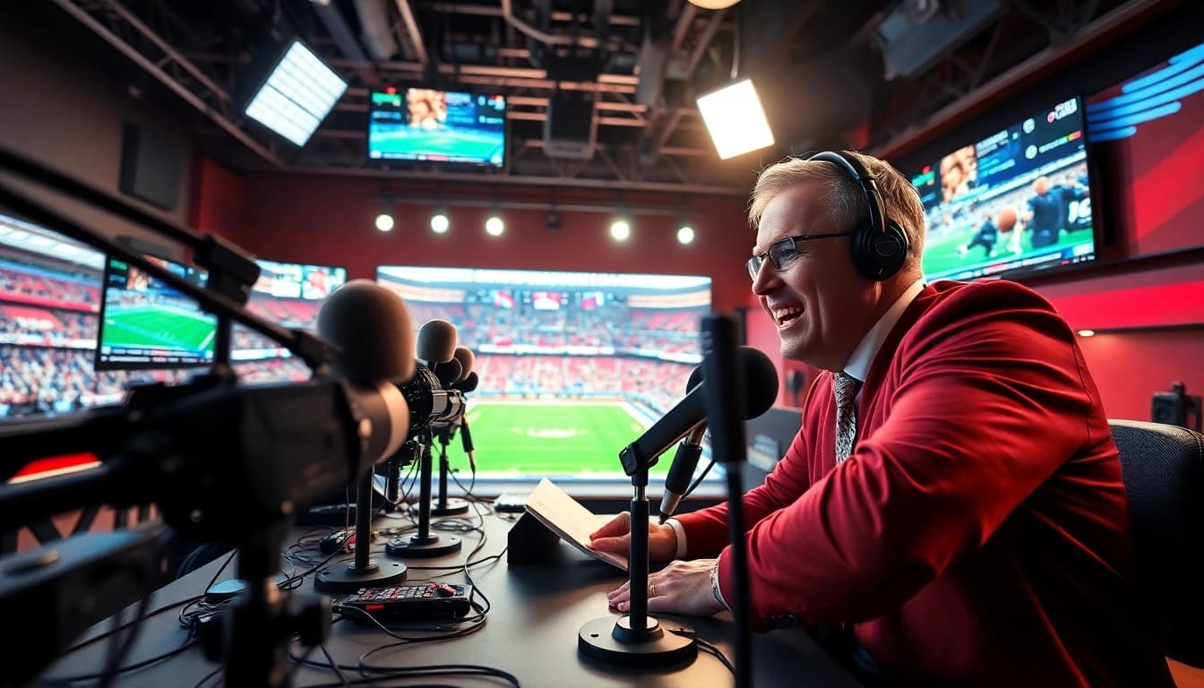 Engaging sports broadcasting host live on air with high-tech equipment and vibrant sport visuals.