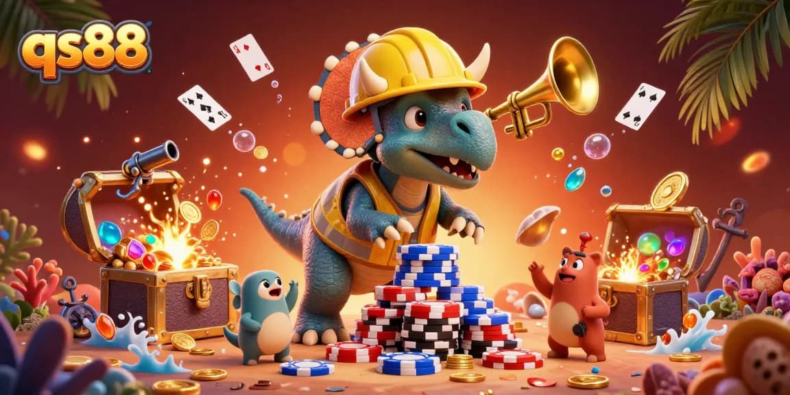 Experience qs88 casino excitement with 3D characters building poker chip towers while celebrating with gold coins.