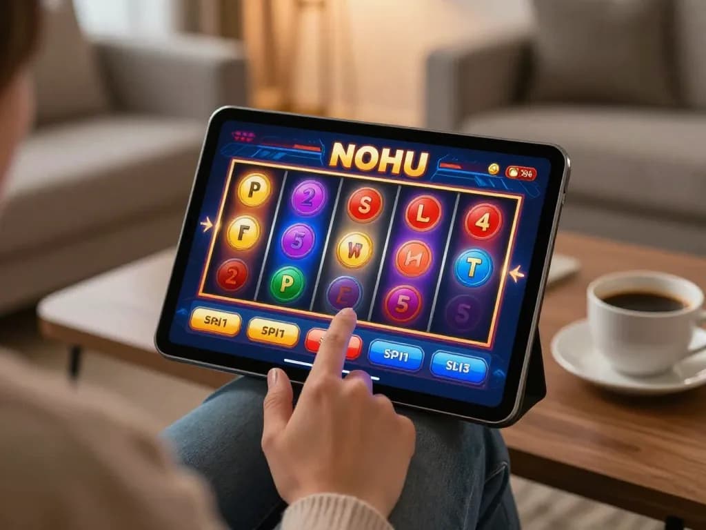 A player engages with a nohu slot game on a tablet, enjoying a cozy home gaming experience.