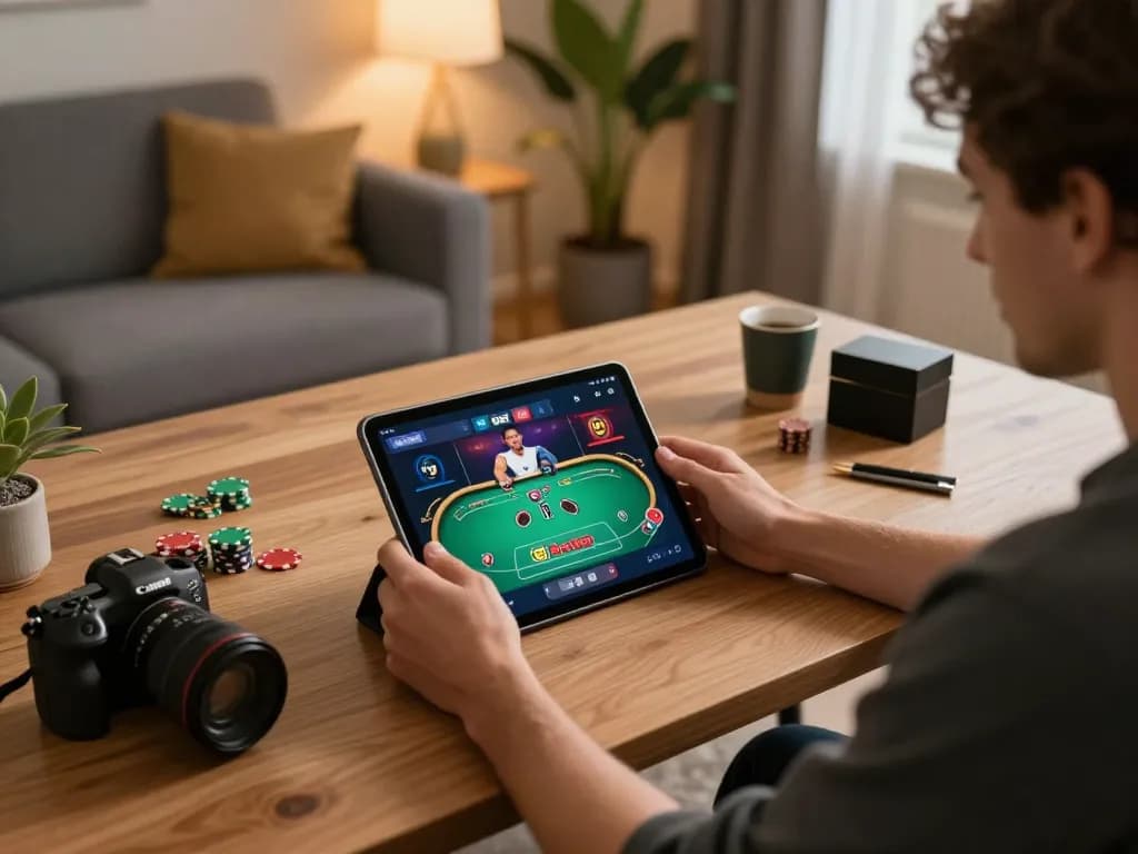 Engage with i9bet's exciting poker games on a tablet in a cozy home setup, highlighting strategic online gambling.