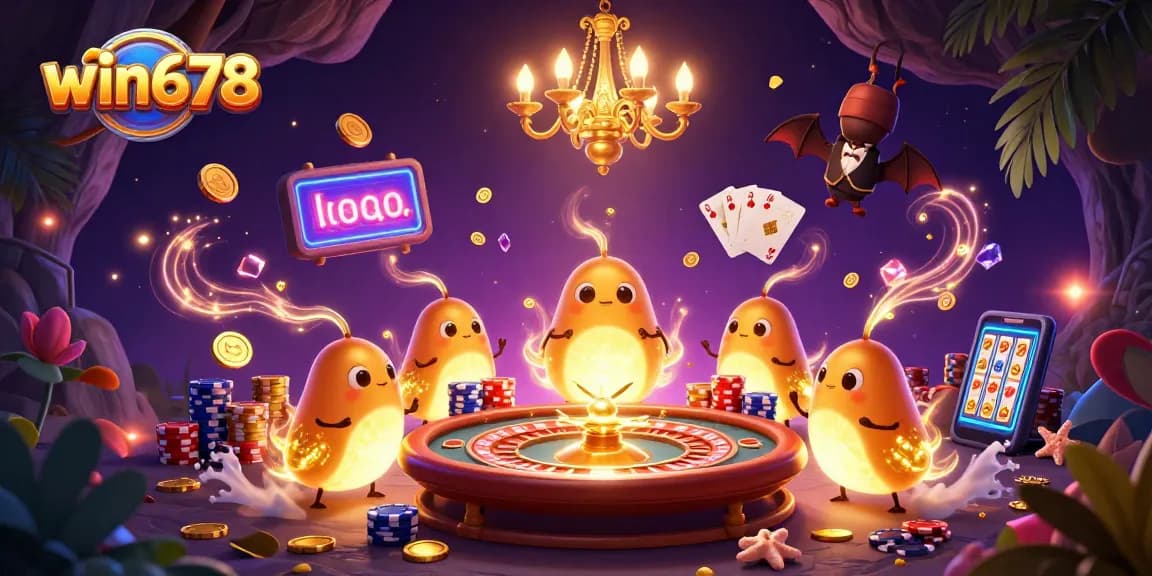 Win678 illuminates a vibrant 3D casino scene with glowworms and a bat dealer, showcasing games and golden coins.