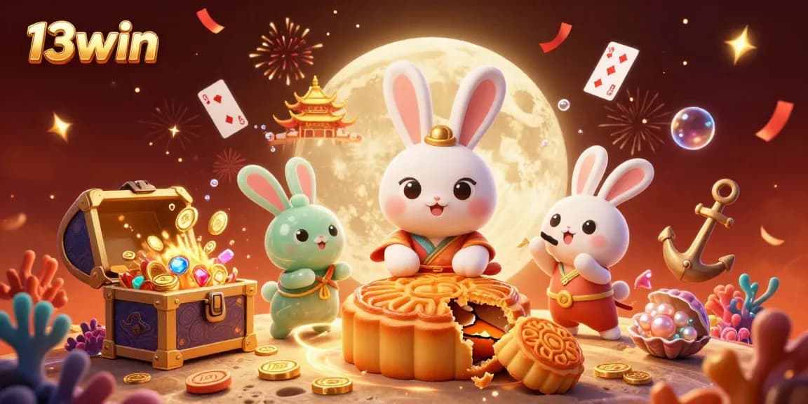 Win big at 13win casino as the moon rabbit celebrates with poker chips and treasures.