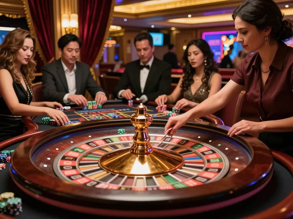 Play dynamic roulette at ok8386 with an exciting atmosphere, players placing bets and enjoying the game.