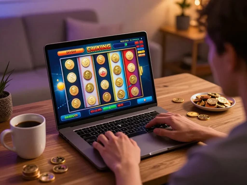 Engaging user playing sky88 slot games on laptop in cozy home setup.