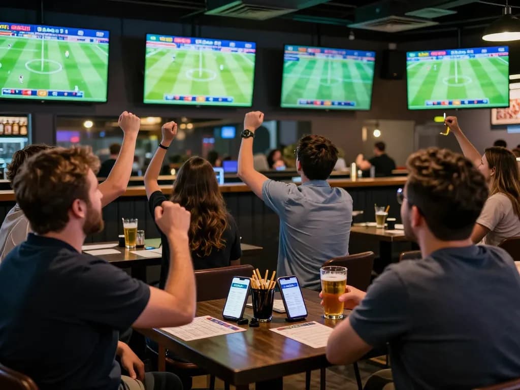 Sports betting excitement at 90phut app-enabled venue with patrons cheering