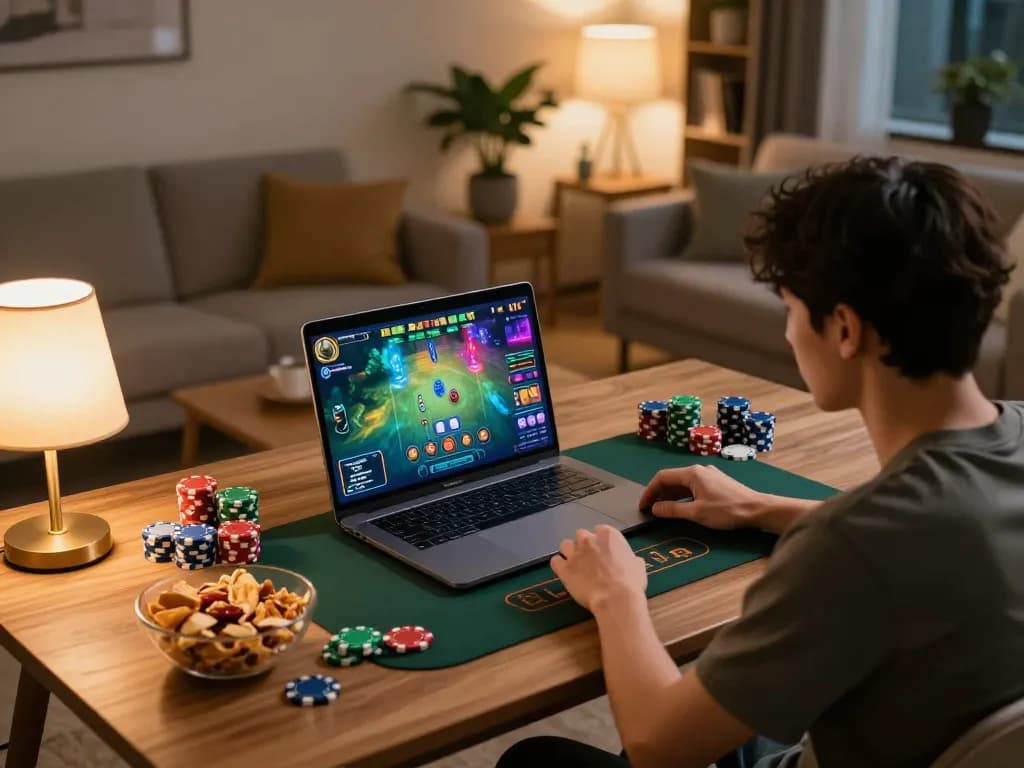 Engaged player enjoying an online xóc đĩa game at home with colorful chips and a cozy atmosphere.