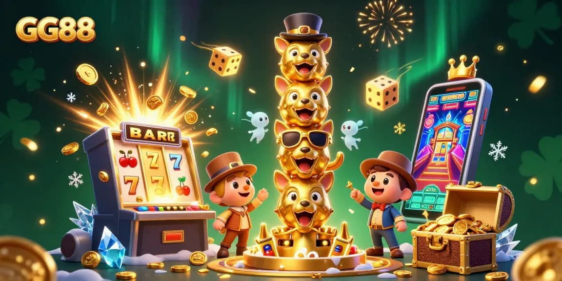 Spin and win with GG88 at a vibrant casino, featuring golden totems, slots, and jackpot excitement!