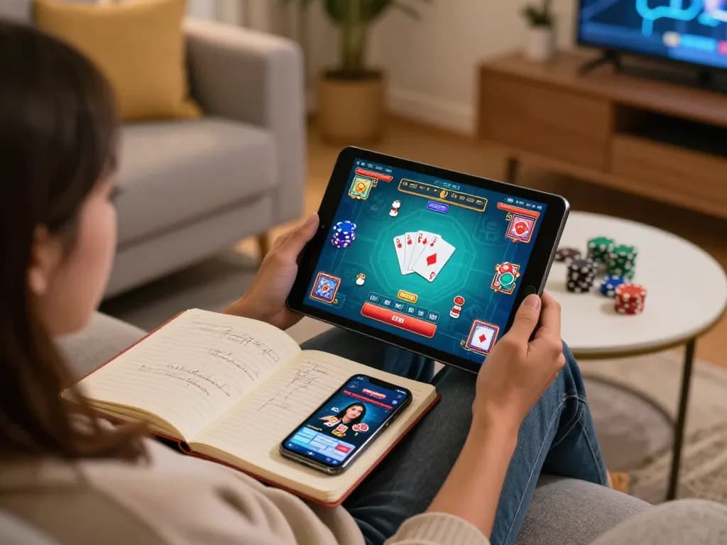 Engaging game bài session on a tablet in a cozy living room, highlighting strategic betting notes.