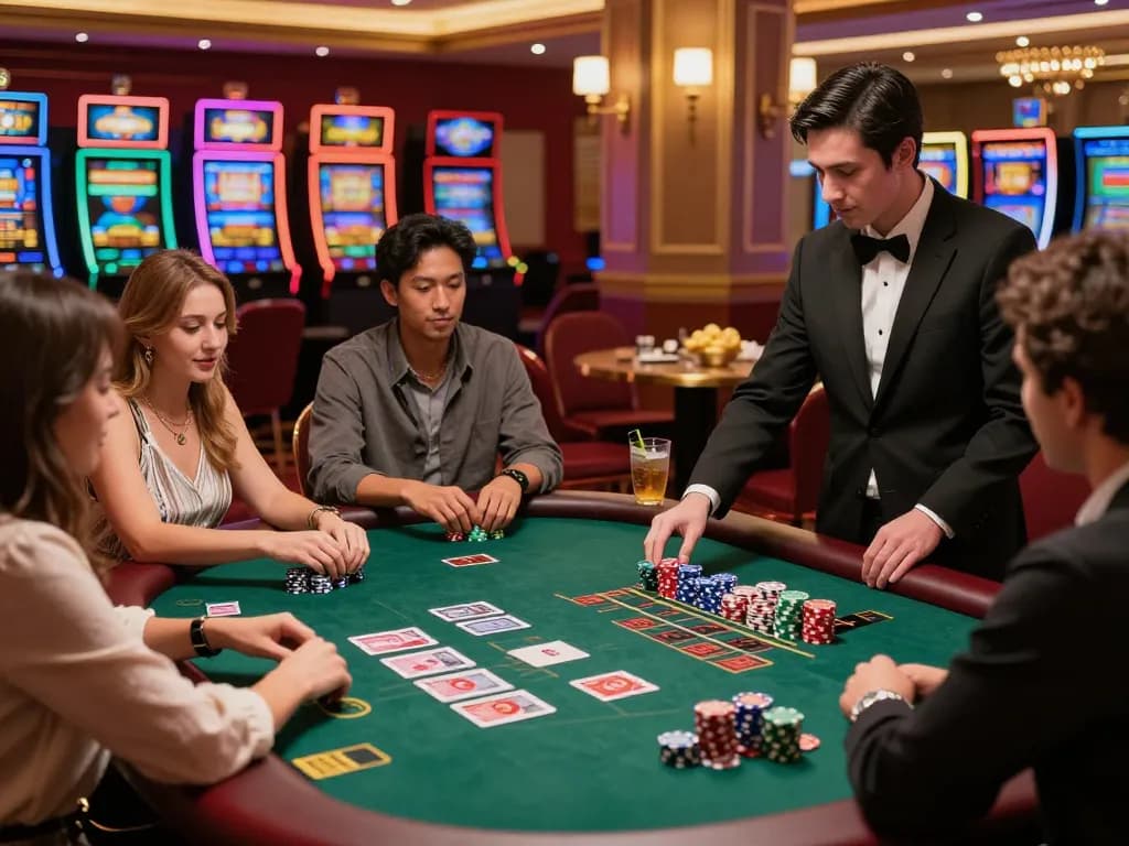 Players enjoying a thrilling blackjack game at LC88 casino, showcasing strategic decision-making and vibrant atmosphere.