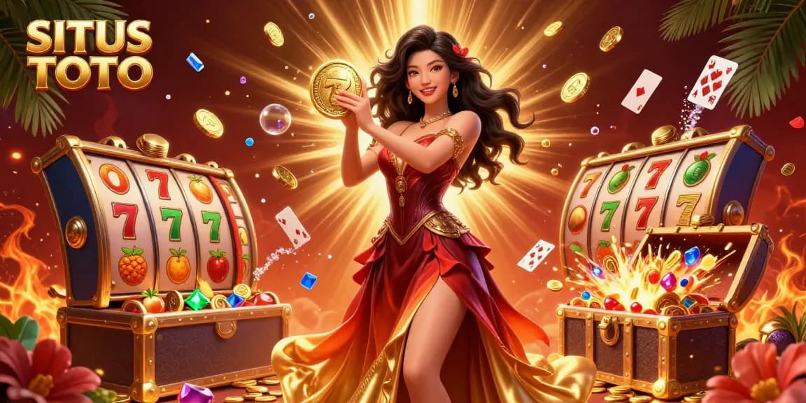 SITUS TOTO showcases winning spins and jackpot celebrations with vibrant symbols and a captivating atmosphere.