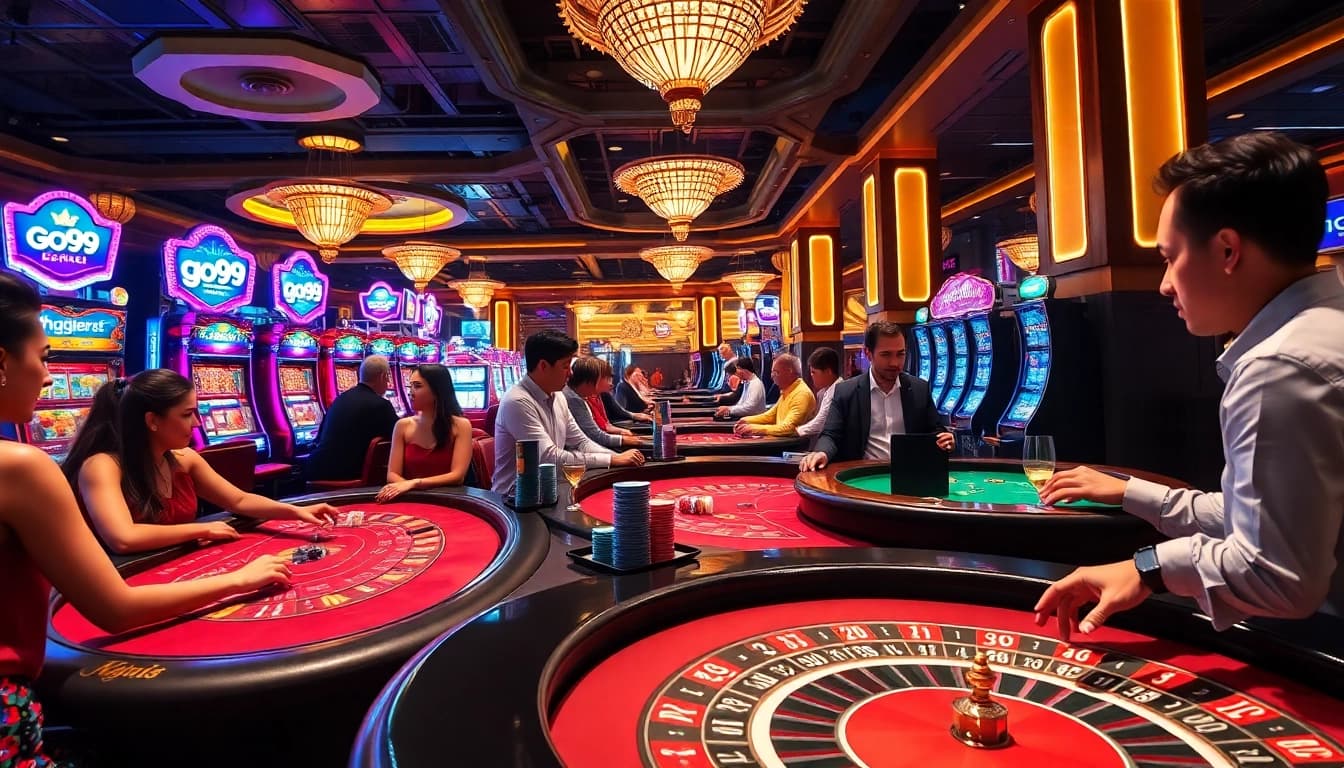 Excitement at the go99 casino with players at vibrant tables and colorful slot machines.